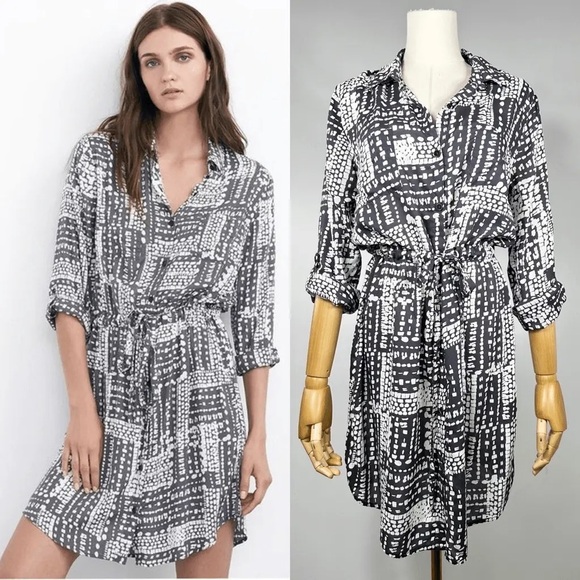Velvet by Graham & Spencer Patterned Button Down Shirt Dress Grey & Cream Sz S - Picture 1 of 11